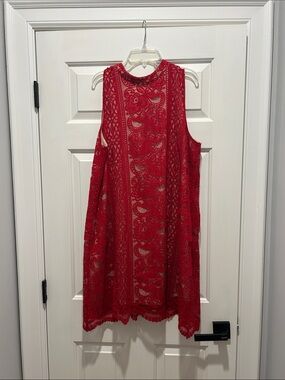 love, Fire Red Lace High-Neck Mini Dress